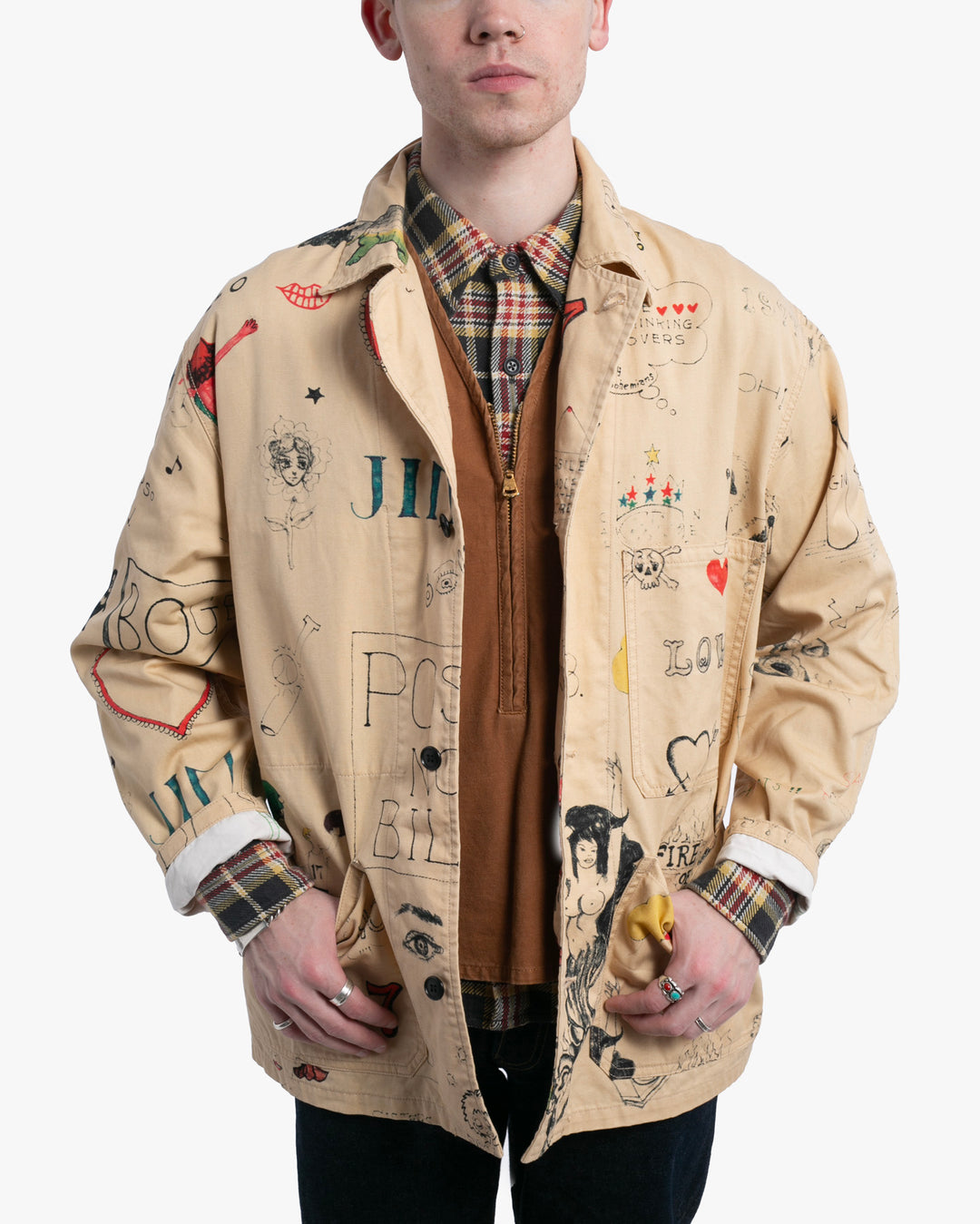 Japanese Repro Chore Jacket, L, Bohemians, Beige Allover Illustrated