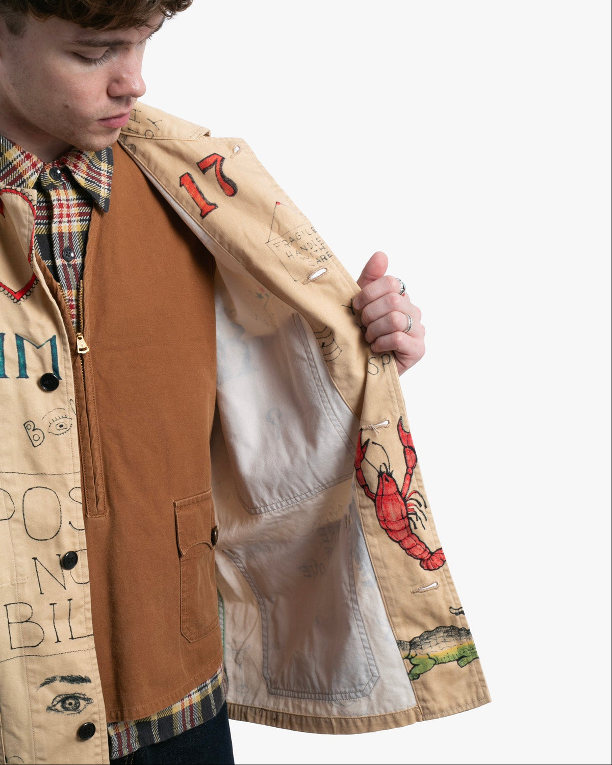 Japanese Repro Chore Jacket, L, Bohemians, Beige Allover Illustrated