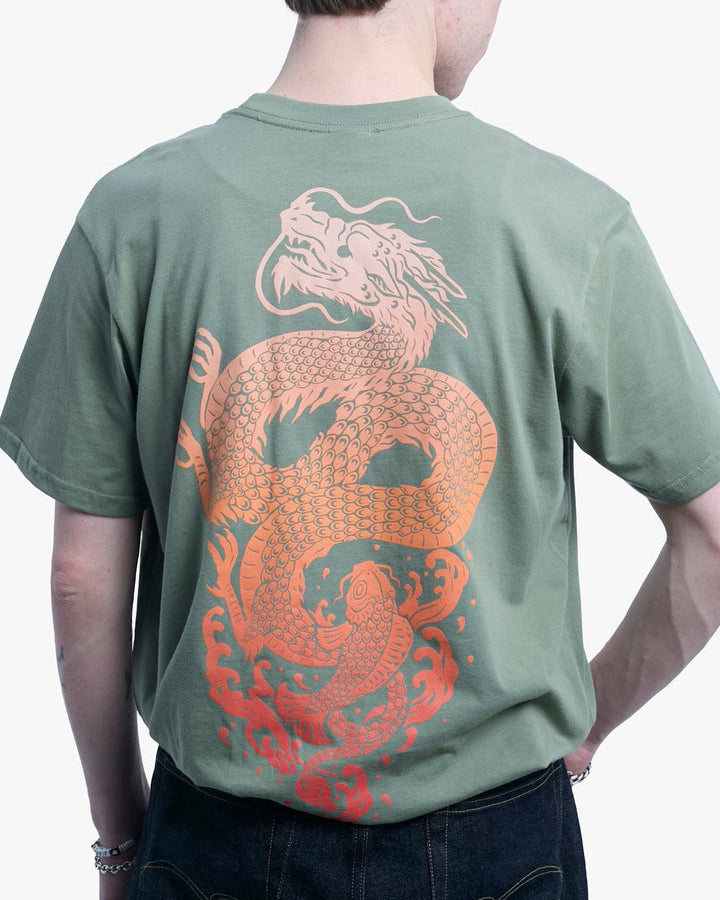Kiriko Original Tee, 6 oz Cotton, Olive Green with Orange Koi Dragon