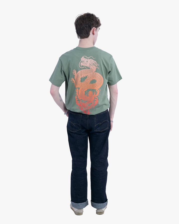 Kiriko Original Tee, 6 oz Cotton, Olive Green with Orange Koi Dragon
