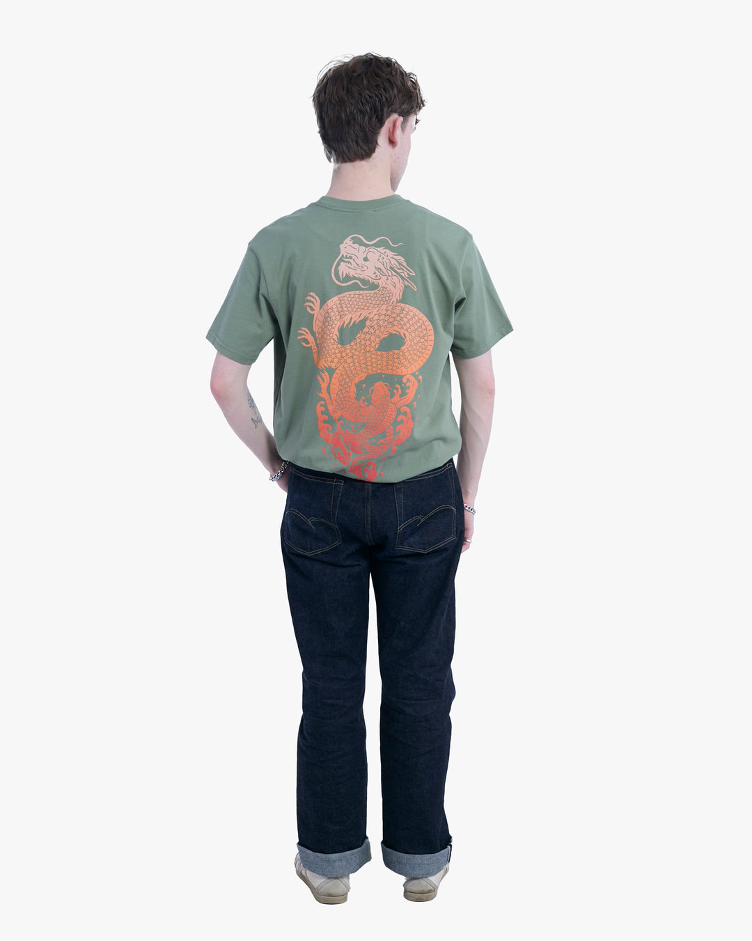 Kiriko Original Tee, 6 oz Cotton, Olive Green with Orange Koi Dragon