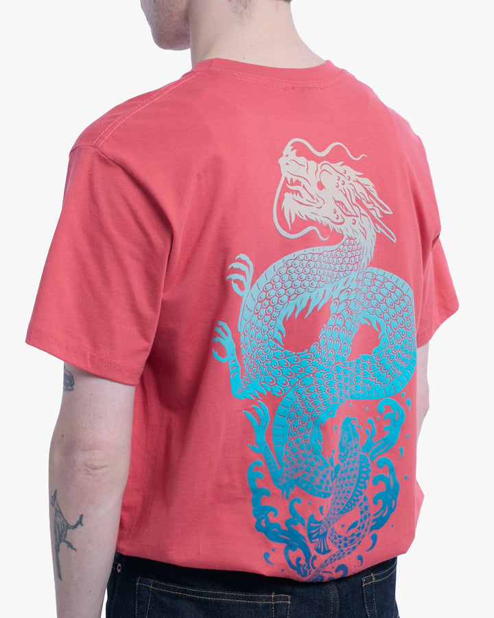 Kiriko Original Tee, coral with a blue koi dragon graphic