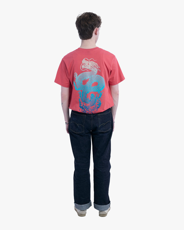 Kiriko Original Tee, 6 oz Cotton, Coral with Blue Koi Dragon