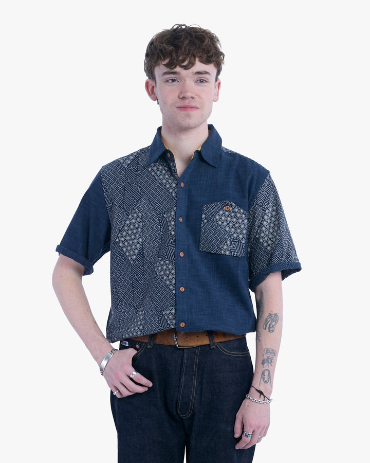 Kiriko Original Button-Up Shirt, Short Sleeve, Indigo Split Small Multi