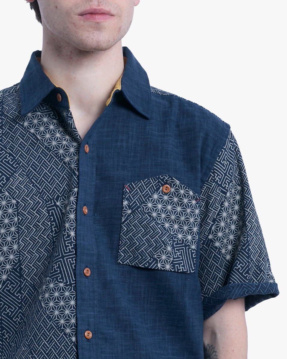 Kiriko Original Button-Up Shirt, Short Sleeve, Indigo Split Small Multi