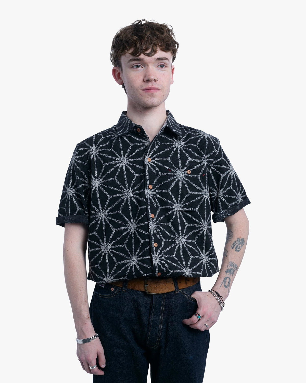 Kiriko Original Button-Up Shirt, Short Sleeve, Black Asanoha