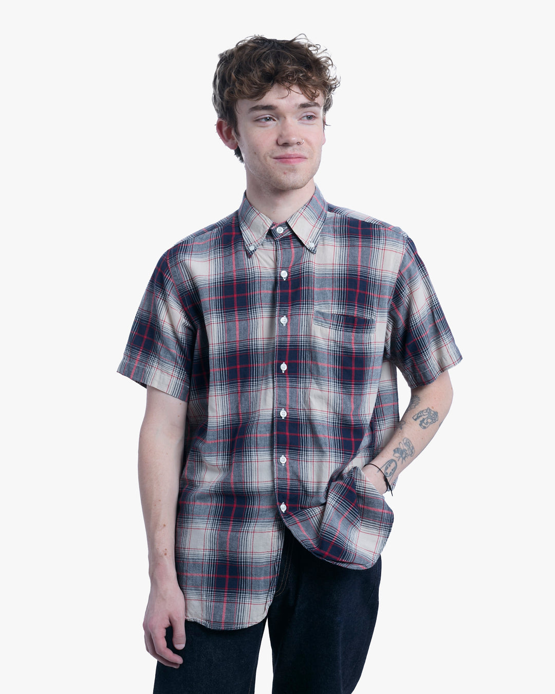 Japanese Repro Short-Sleeve Shirt, M, Warehouse &amp; Co, Red and Navy Plaid