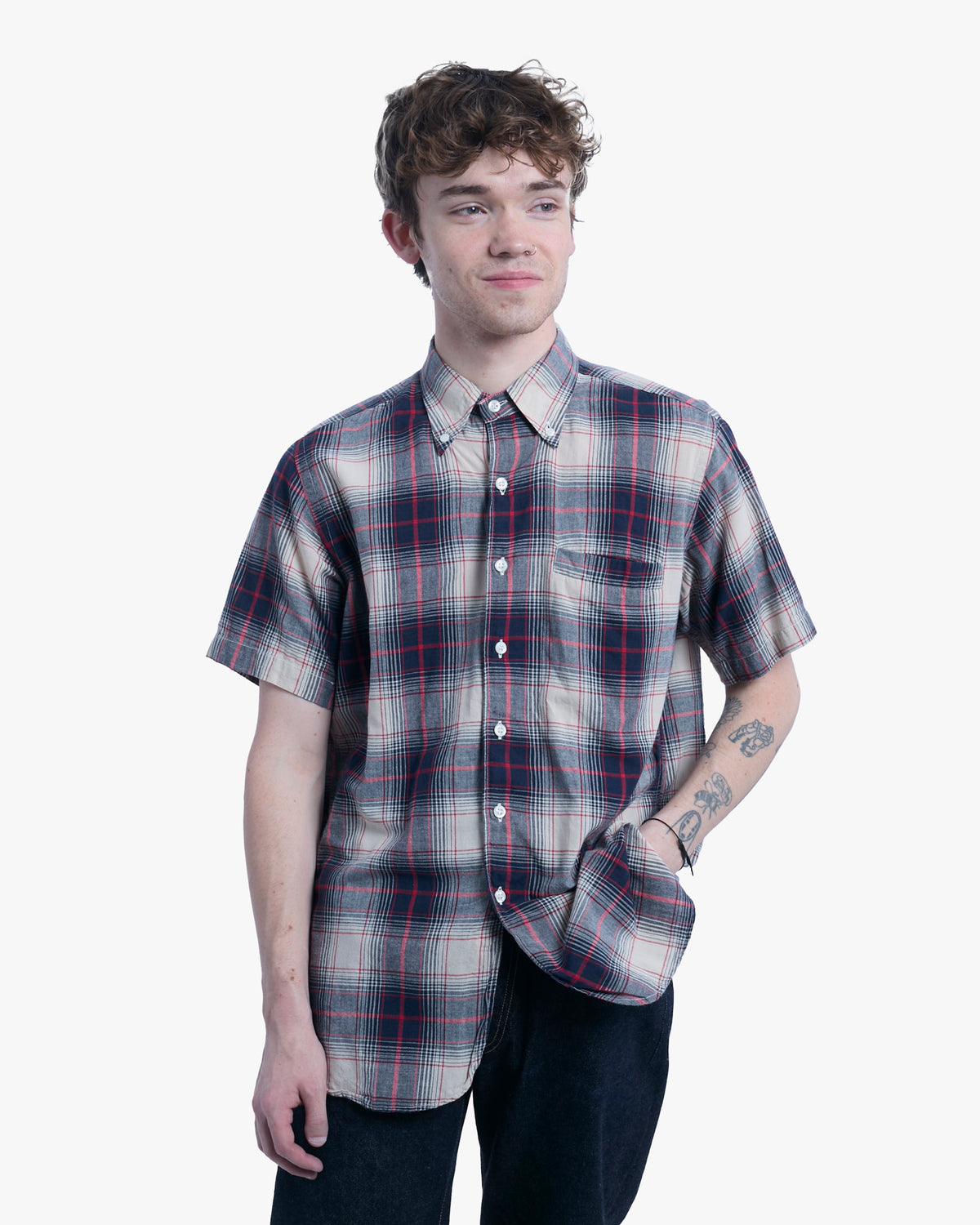 Japanese Repro Short-Sleeve Shirt, M, Warehouse & Co, Red and Navy Plaid