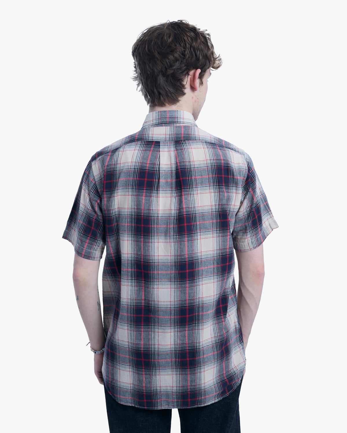 Japanese Repro Short-Sleeve Shirt, M, Warehouse & Co, Red and Navy Plaid