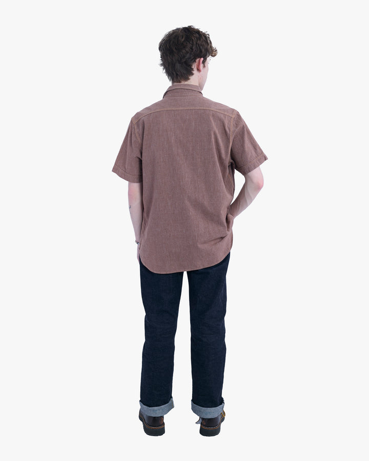 Japanese Repro Short-Sleeve Shirt, XL, Jelado, Brown with Orange and Red Stitching Details