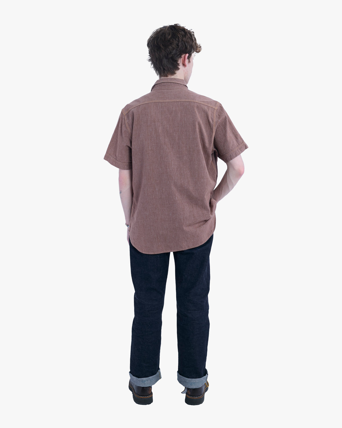 Japanese Repro Short-Sleeve Shirt, XL, Jelado, Brown with Orange and Red Stitching Details