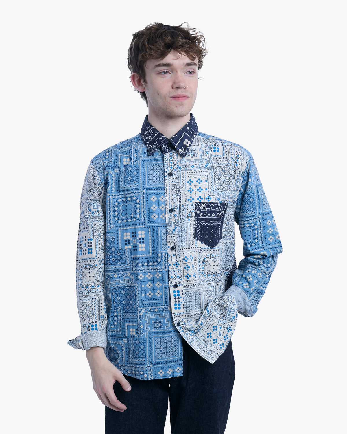 Japanese Repro Long-Sleeve Shirt, XL, Pherrow's, Blue and White