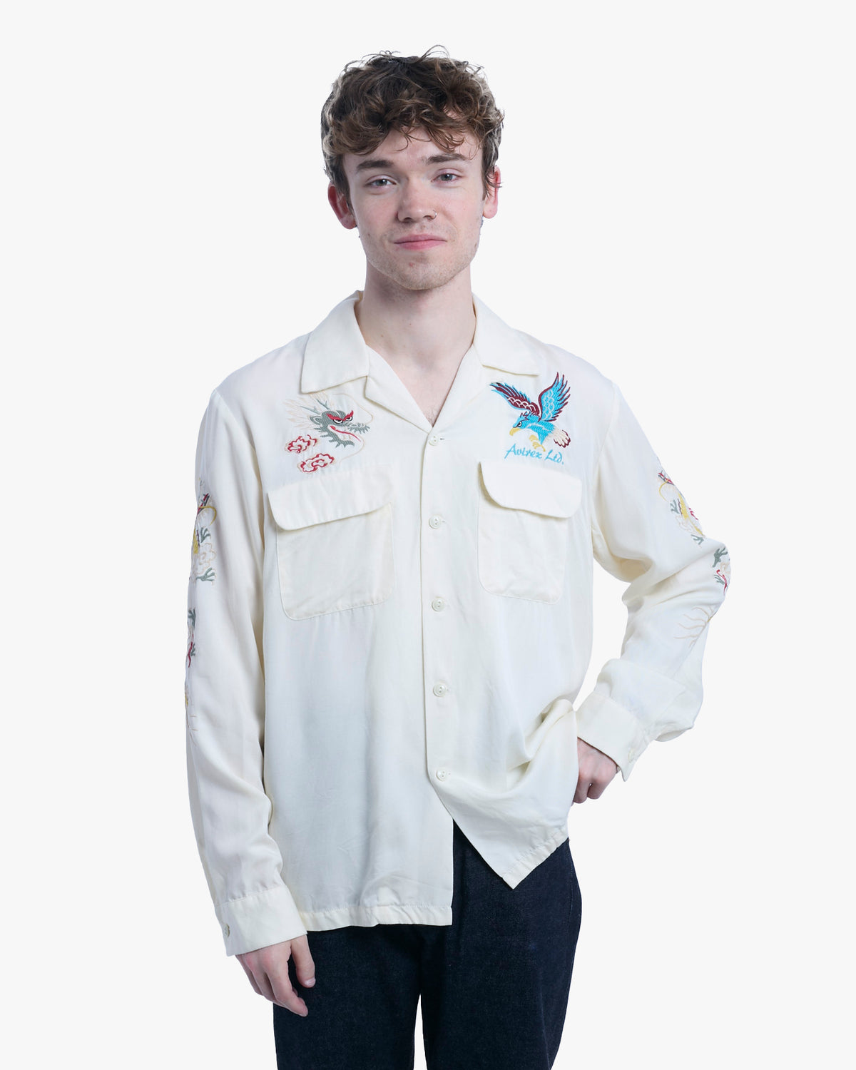 Japanese Repro Long-Sleeve Shirt, L, Avirex, Dragon and Hawk on Ivory