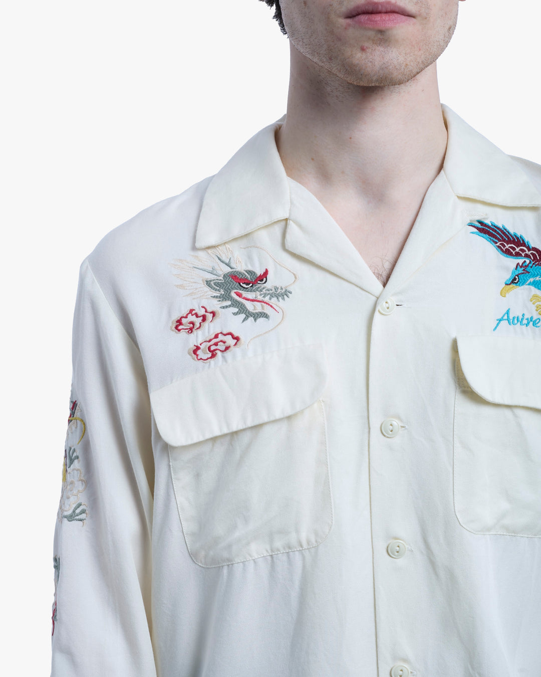 Japanese Repro Long-Sleeve Shirt, L, Avirex, Dragon and Hawk on Ivory