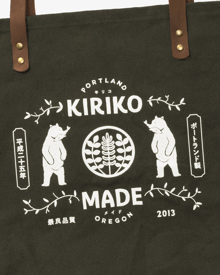 Kiriko Original Large Tote Bag, Canvas, Olive Bear