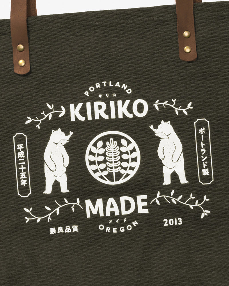 Kiriko Original Large Tote Bag, Canvas, Olive Bear