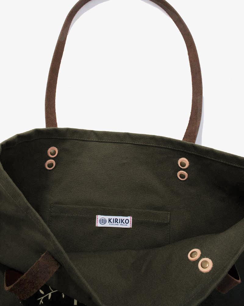 Kiriko Original Large Tote Bag, Canvas, Olive Bear