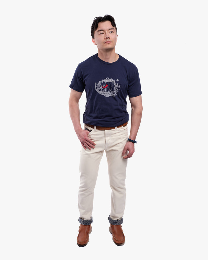 Kiriko Original Tee, 4 oz. US Made, Kuma with Embroidered Fish, Navy
