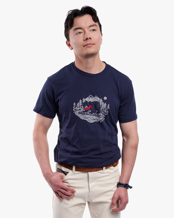 Navy cotton tee with embroidered fish design by Kiriko Made