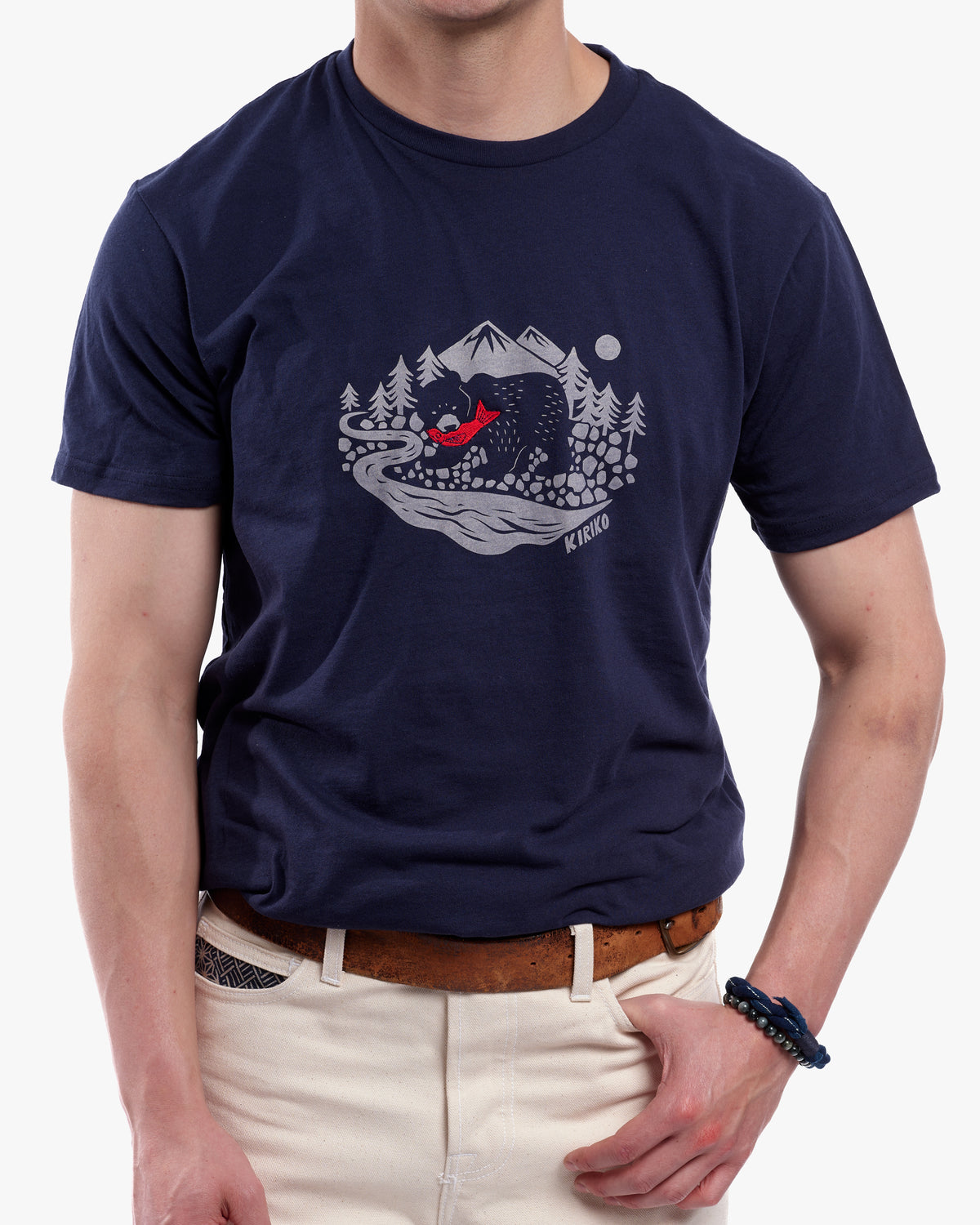 Kiriko Original Tee, 4 oz. US Made, Kuma with Embroidered Fish, Navy