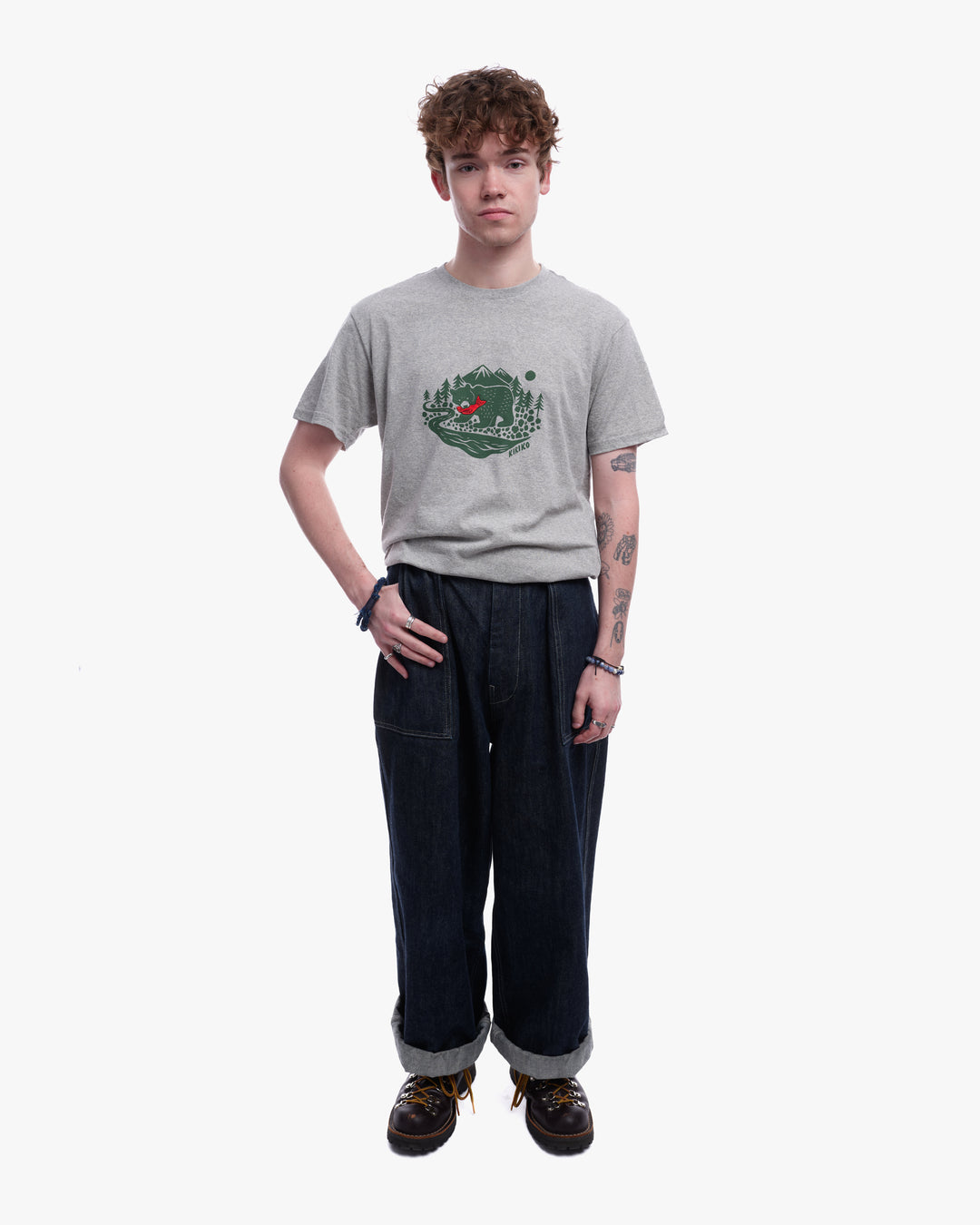Kiriko Original Tee, 4 oz. US Made, Kuma with Embroidered Fish, Grey