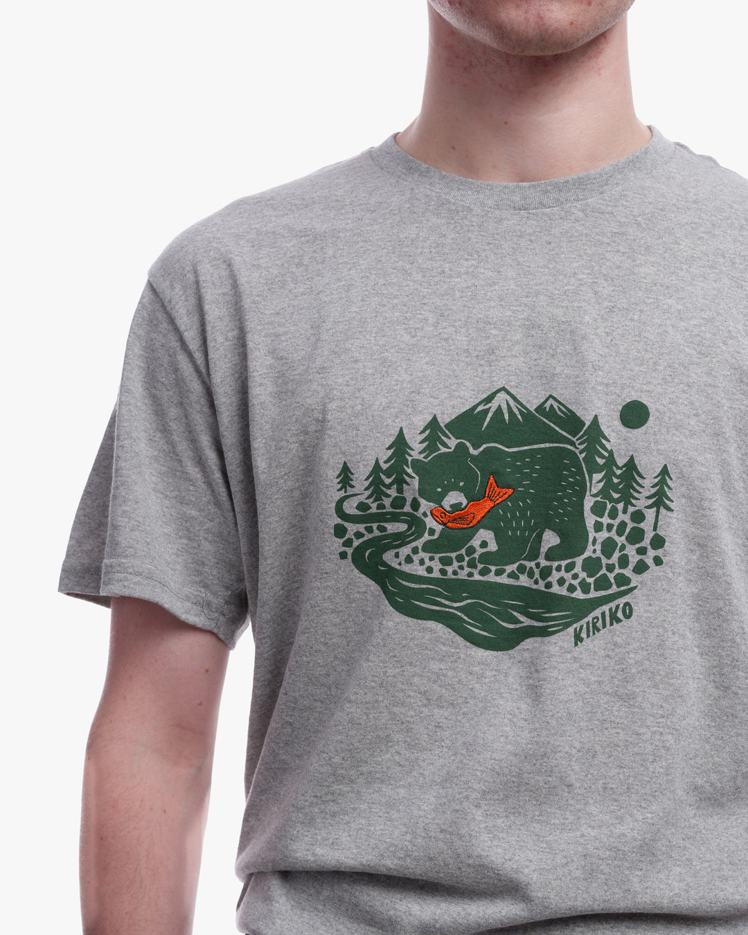Kiriko Original Tee, 4 oz. US Made, Kuma with Embroidered Fish, Grey