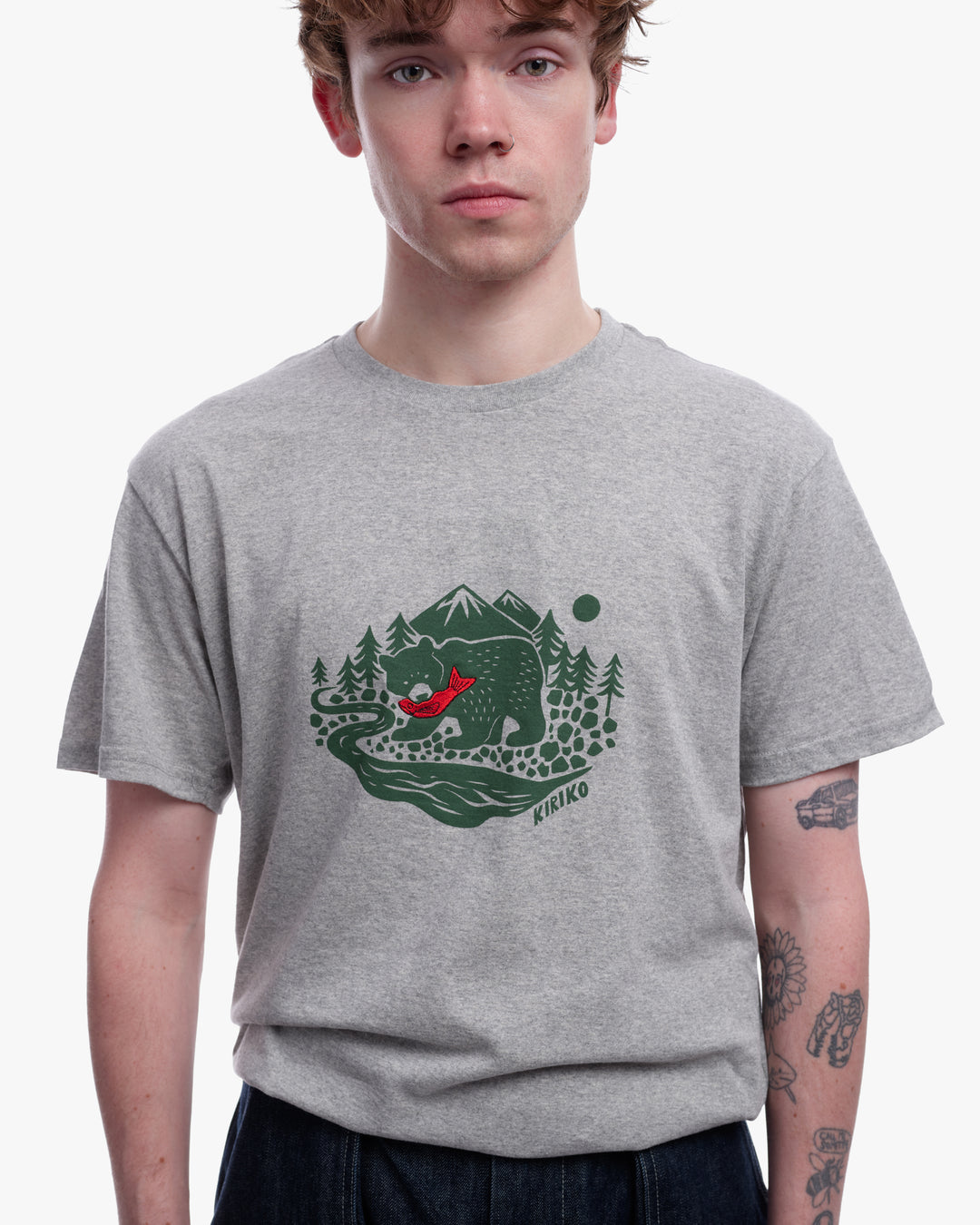Kiriko Original Tee, 4 oz. US Made, Kuma with Embroidered Fish, Grey