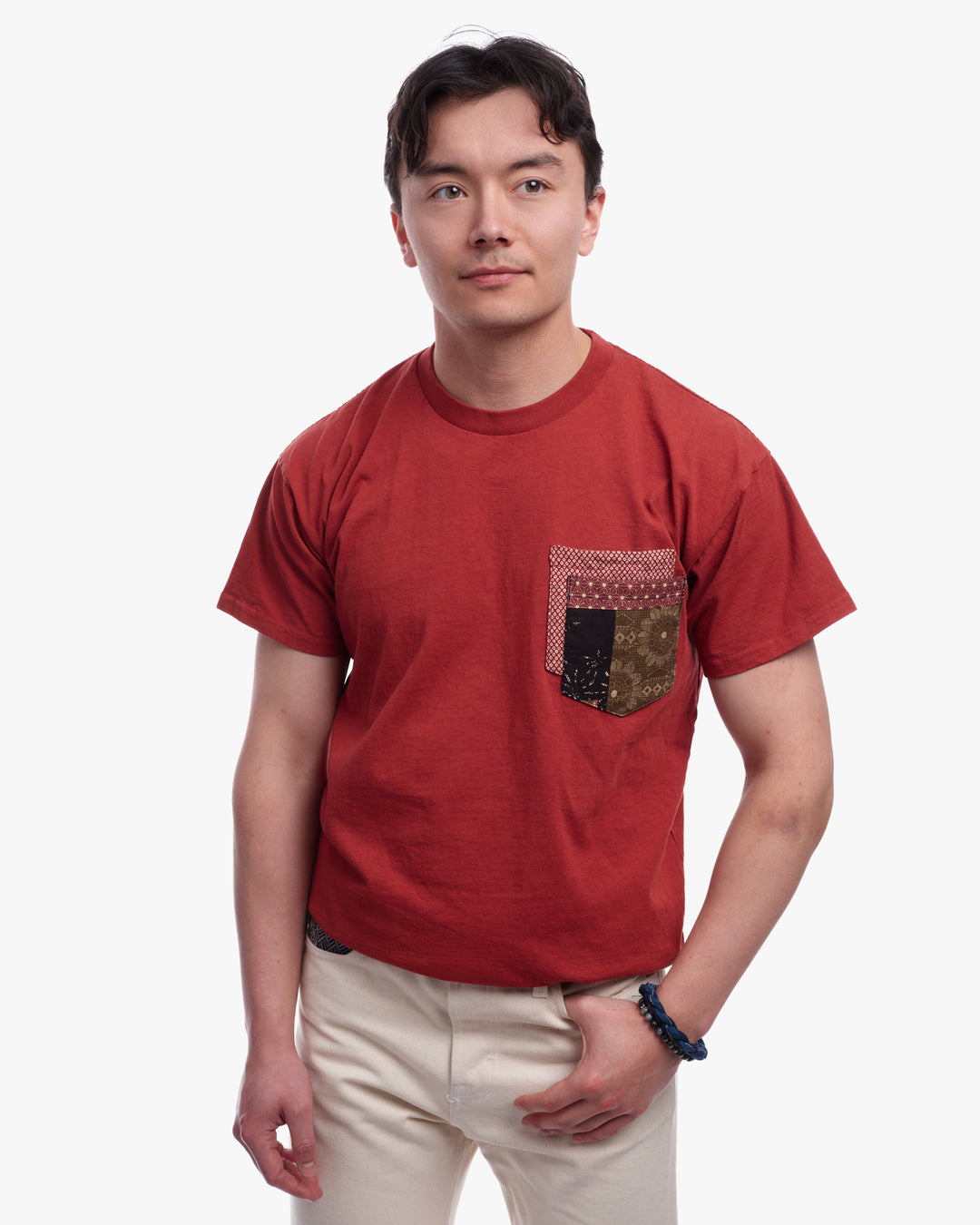 Kiriko Original Tee, 8 oz. US Made, Double Pocket Tee, Orange Red, Red Shibori and Brown Patchwork Style