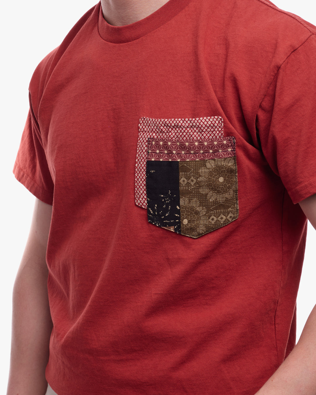 Kiriko Original Tee, 8 oz. US Made, Double Pocket Tee, Orange Red, Red Shibori and Brown Patchwork Style