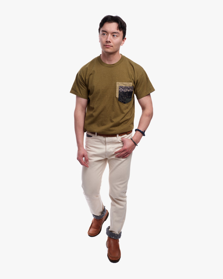 Kiriko Original Tee, 8 oz. US Made, Double Pocket Tee, Green, Yellow Shibori and Indigo Patchwork Style