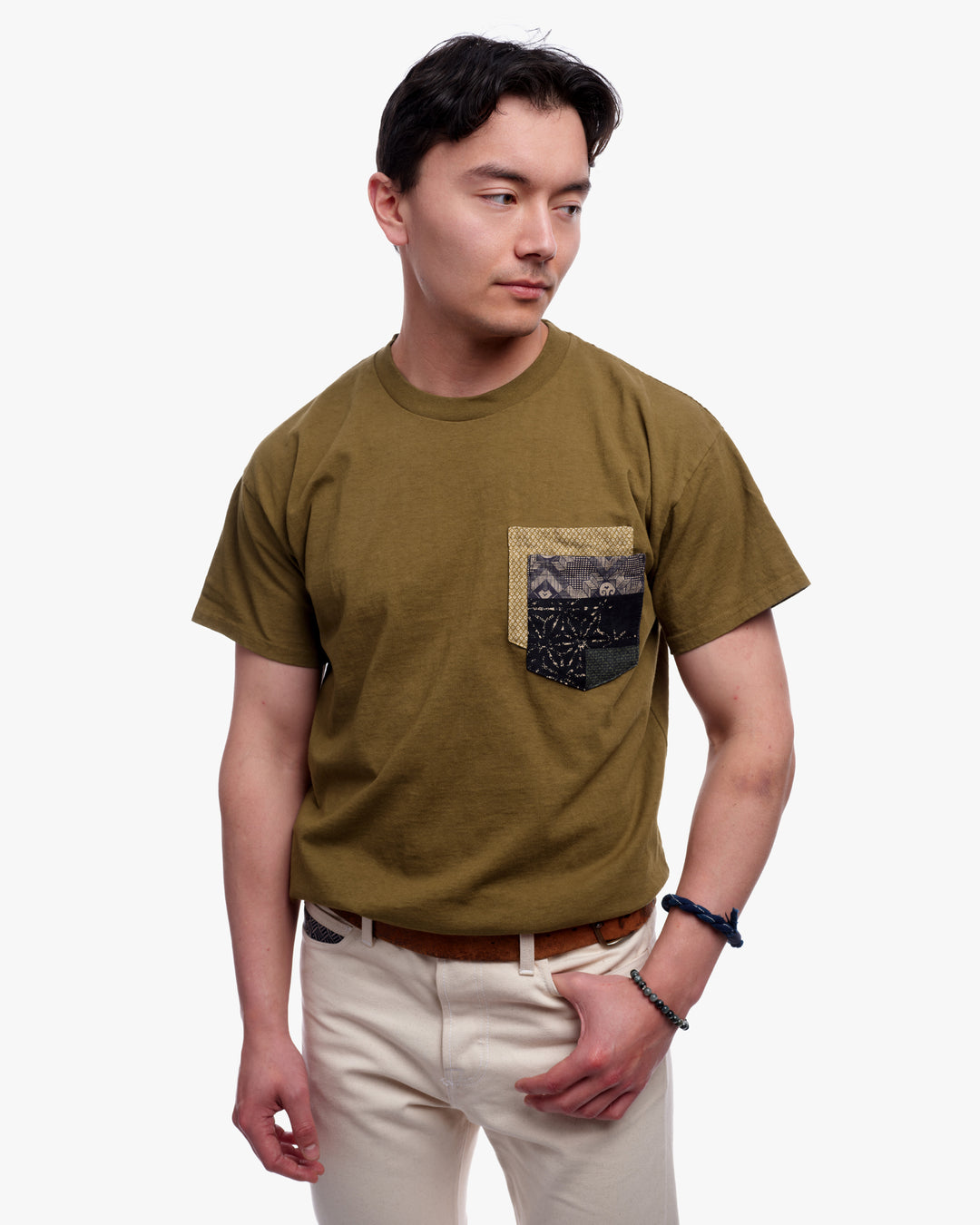 Kiriko Original Tee, 8 oz. US Made, Double Pocket Tee, Green, Yellow Shibori and Indigo Patchwork Style