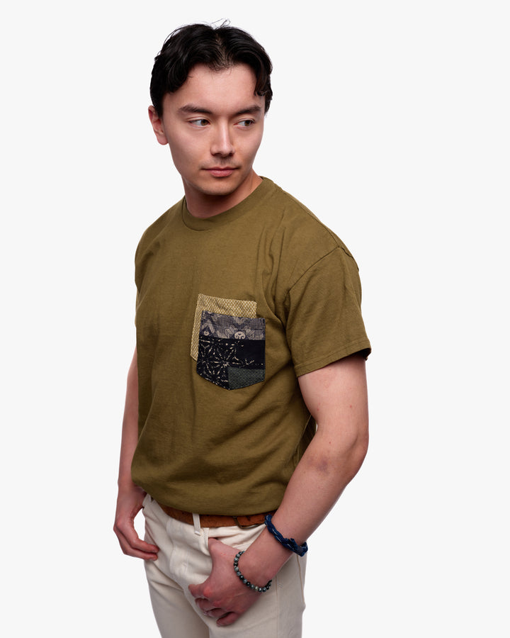 Kiriko Original Tee, 8 oz. US Made, Double Pocket Tee, Green, Yellow Shibori and Indigo Patchwork Style