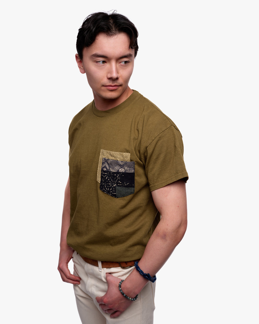 Kiriko Original Tee, 8 oz. US Made, Double Pocket Tee, Green, Yellow Shibori and Indigo Patchwork Style