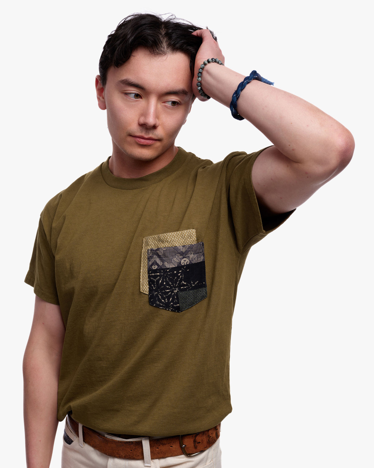 Kiriko Original Tee, 8 oz. US Made, Double Pocket Tee, Green, Yellow Shibori and Indigo Patchwork Style