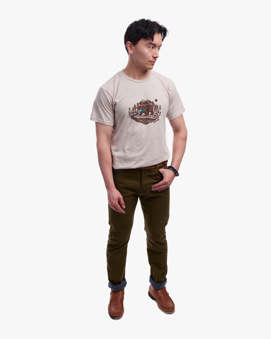Kiriko Original Tee, 4 oz. US Made, Kuma with Embroidered Fish, Oatmeal