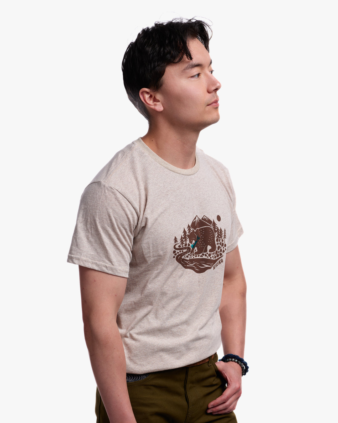 Kiriko Original Tee, 4 oz. US Made, Kuma with Embroidered Fish, Oatmeal