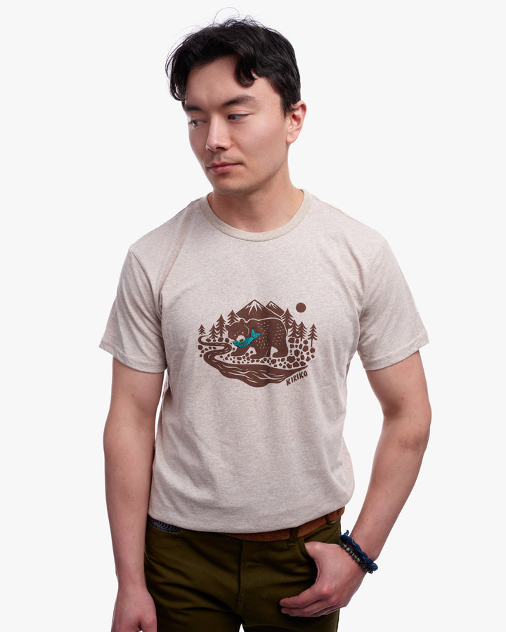 Kiriko Original Tee, 4 oz. US Made, Kuma with Embroidered Fish, Oatmeal