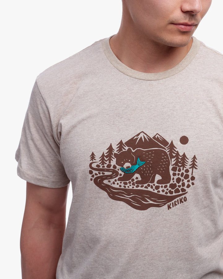 Kiriko Original Tee, 4 oz. US Made, Kuma with Embroidered Fish, Oatmeal