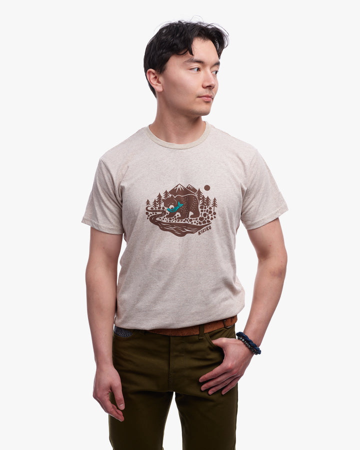 Kiriko Original Tee, 4 oz. US Made, Kuma with Embroidered Fish, Oatmeal