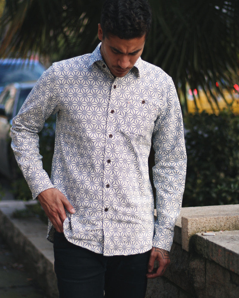 Kiriko Original long sleeve shirt, white asanoha hemp leaf pattern