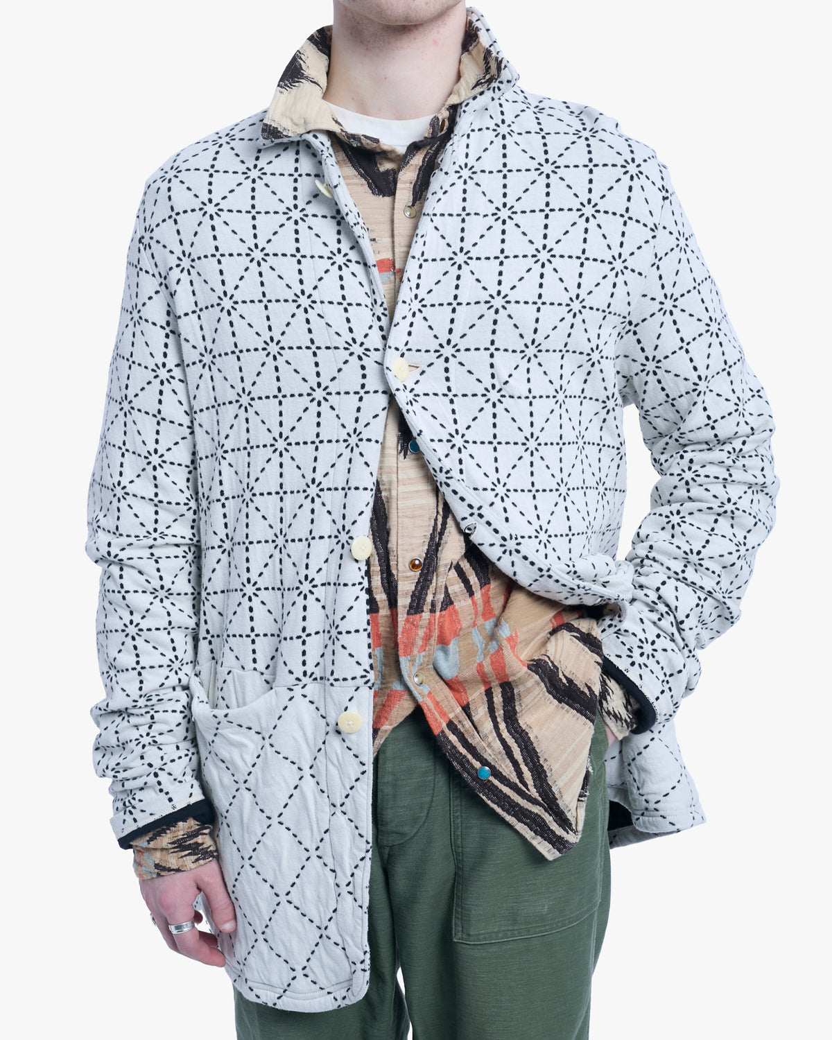 Japanese Repro Chore Coat, XL, Kapital, White with Black Geometric Pattern