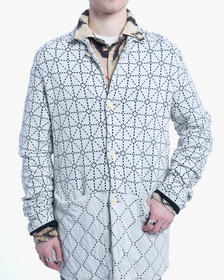 Japanese Repro Chore Coat, XL, Kapital, White with Black Geometric Pattern