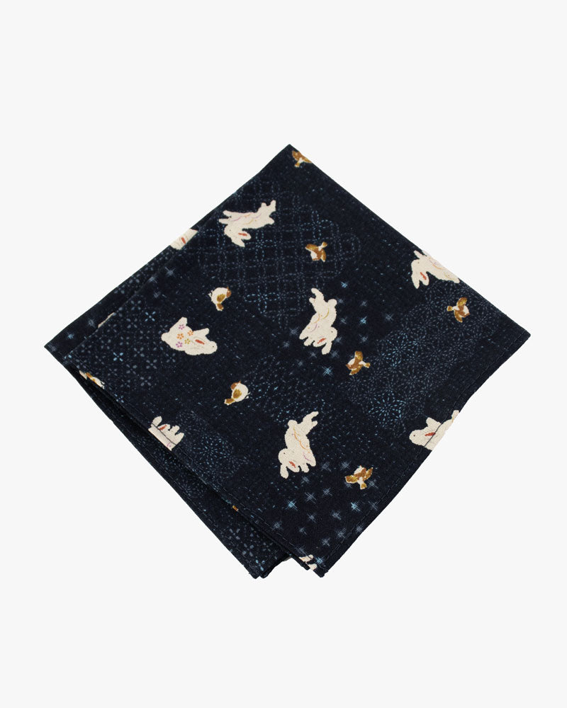 Kiriko Original Pocket Square, Indigo with White Rabbits