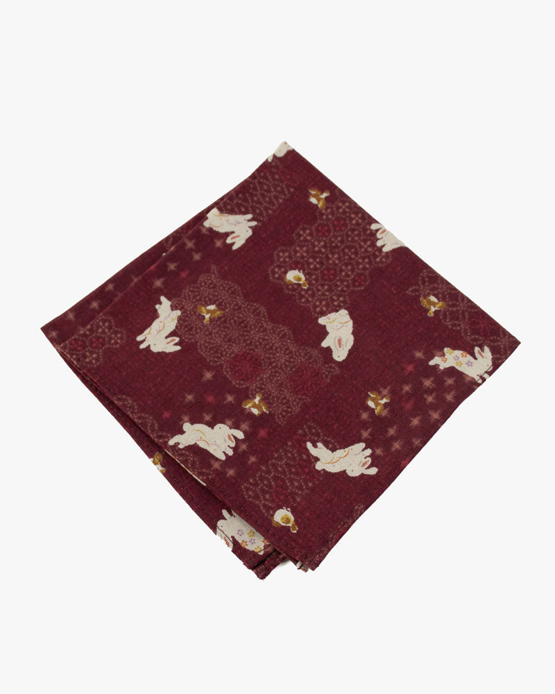 Kiriko Original Pocket Square, Burgundy with White Rabbits