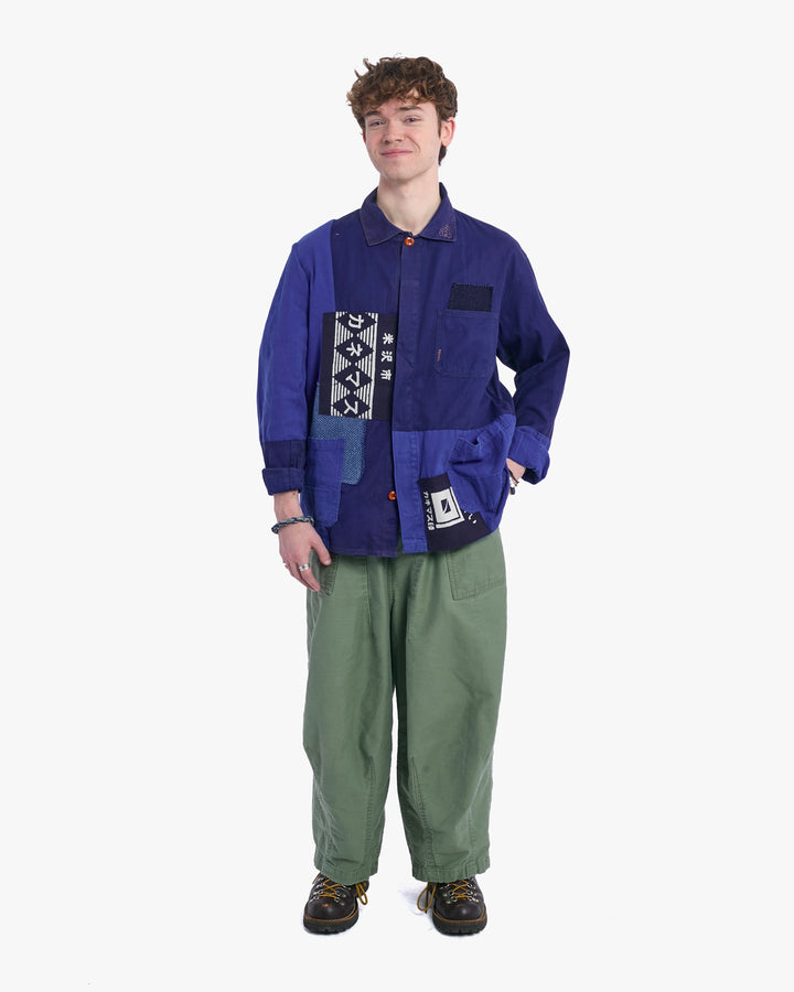 Kiriko Custom, One of a Kind Patched French Workman Jacket, Blue Patched Apron Fabric - 3