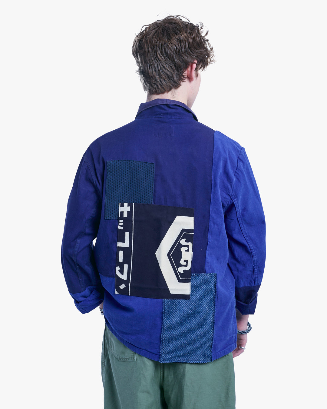 Kiriko Custom, One of a Kind Patched French Workman Jacket, Blue Patched Apron Fabric - 3