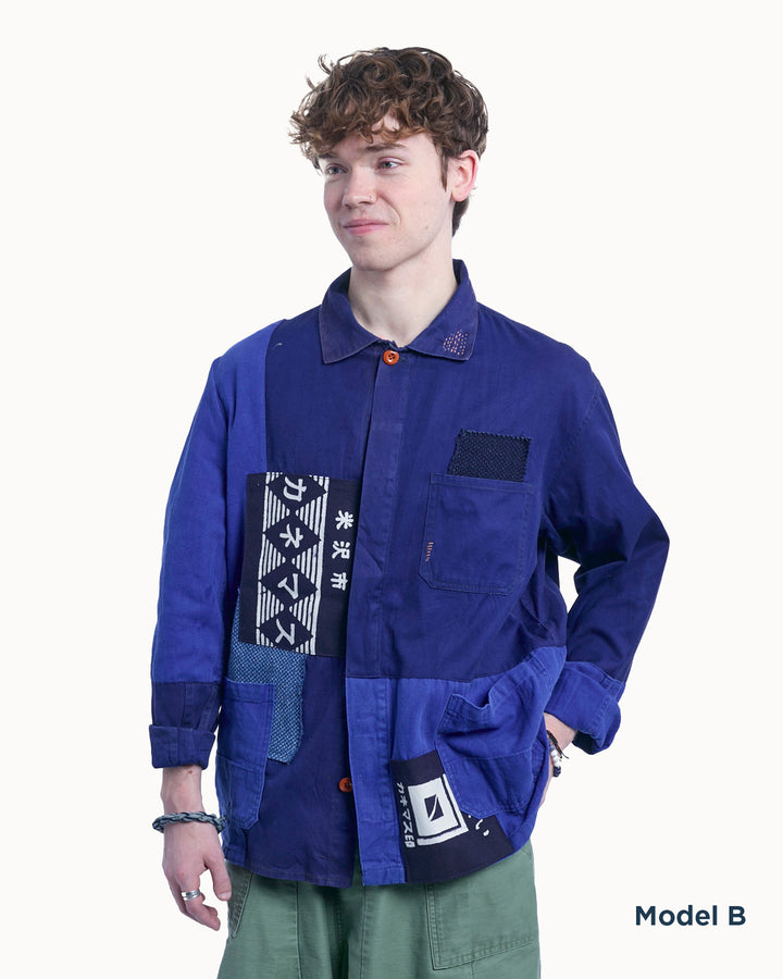 Kiriko Custom, One of a Kind Patched French Workman Jacket, Blue Patched Apron Fabric - 3