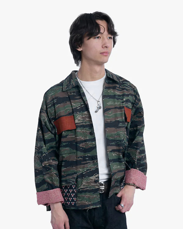Kiriko Custom Cropped Military Jacket, Camo Patched, Phoenix Obi and Indigo Uroko with Rust Pockets Flaps