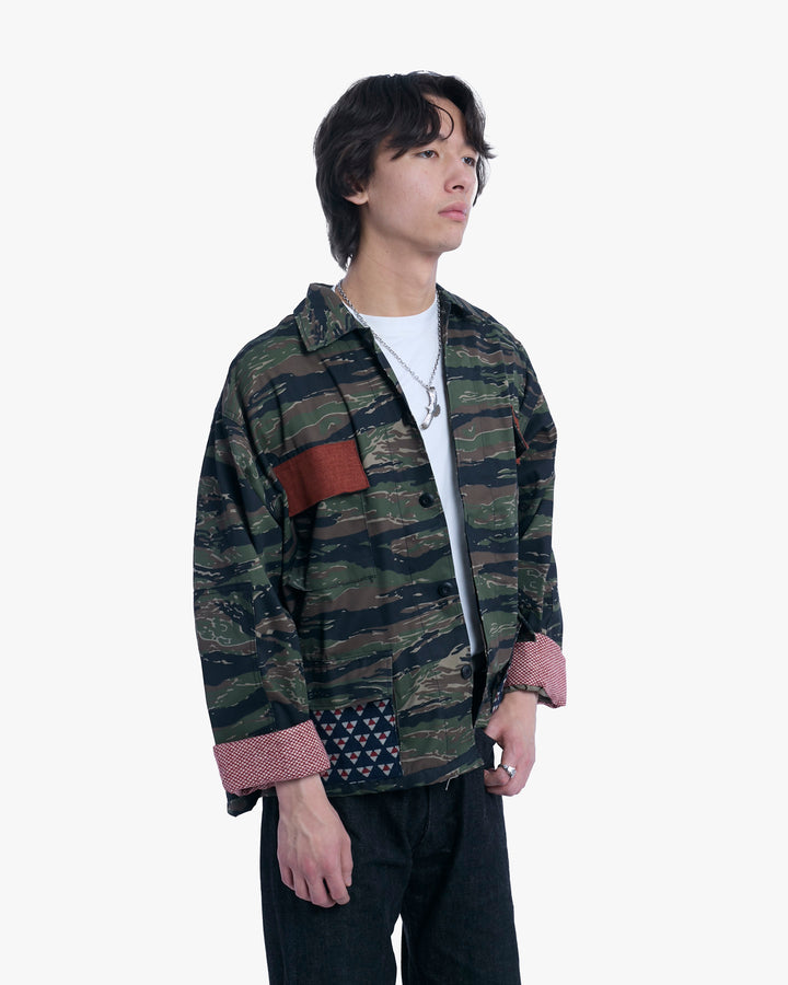 Kiriko Custom Cropped Military Jacket, Camo Patched, Phoenix Obi and Indigo Momiji with Persimmon Pockets Flaps