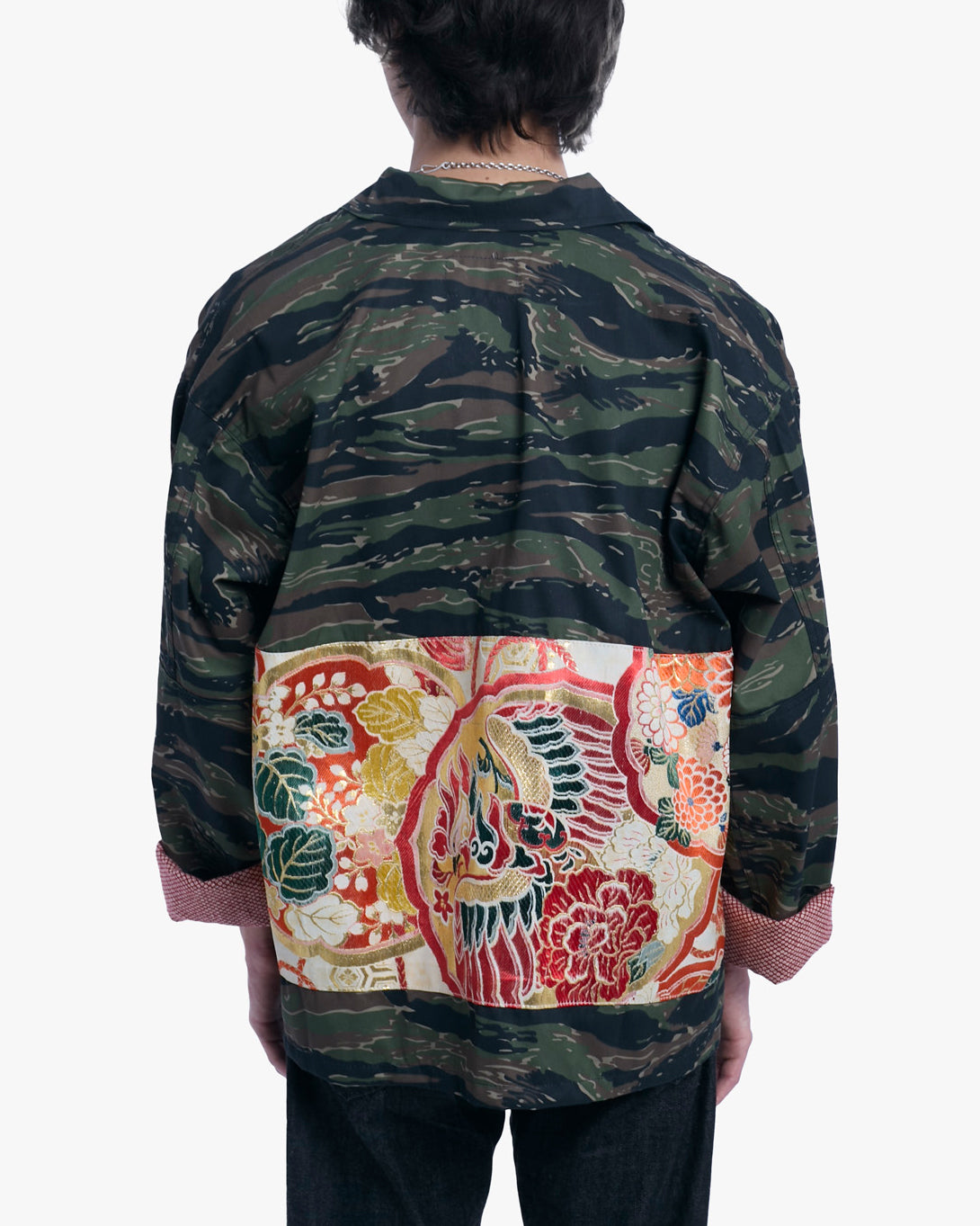 Kiriko Custom Cropped Military Jacket, Camo Patched, Phoenix Obi and Indigo Uroko with Rust Pockets Flaps